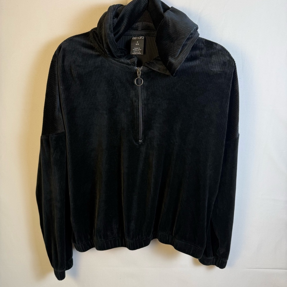 ESMARA Womens Black Sweater Velour 1/4 Zip Soft Stretch Medium Garterized‎ Hem